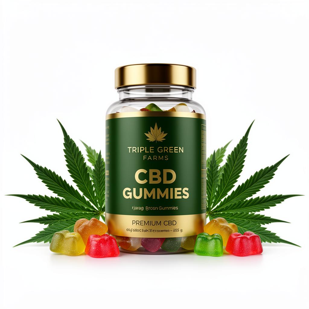 Triple Green Farms CBD Gummies bottle with hemp leaves